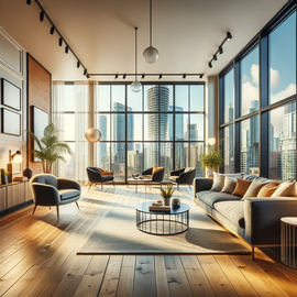 A chic and contemporary Toronto living room showcasing wide plank hardwood flooring, modern furnishings, and expansive city views through large windows, embodying urban sophistication.