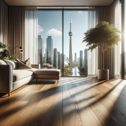 a modern living room in Toronto with elegant oak hardwood flooring