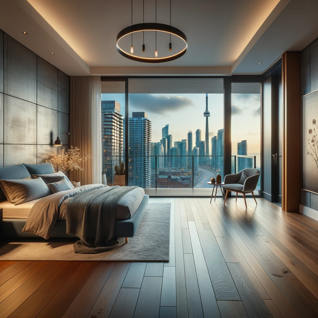 a modern Toronto apartment bedroom highlighting beautiful, polished hardwood flooring
