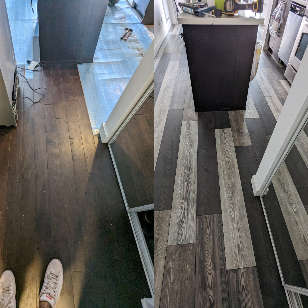 Before and after image of a room, showing the removal of old flooring and new hardwood installation.