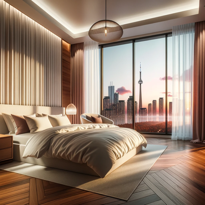 a serene bedroom in a Toronto condo adorned with cherry hardwood