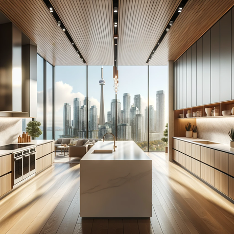 Render of a spacious kitchen in a Toronto apartment showcasing sleek maple hardwood
